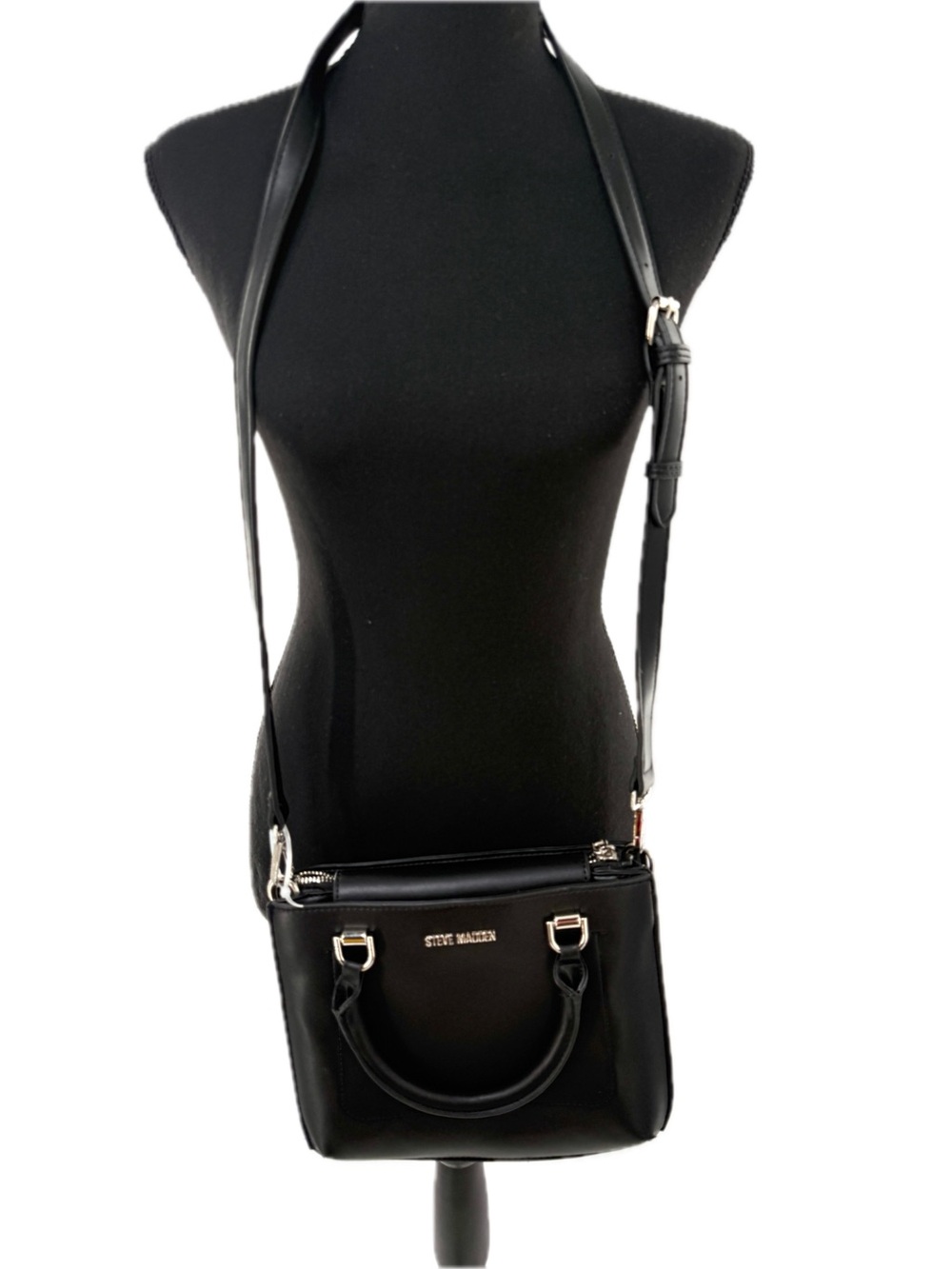Steve Madden Top Handle Satchel Bag Crossbody Black with Silver Hardware NWT
